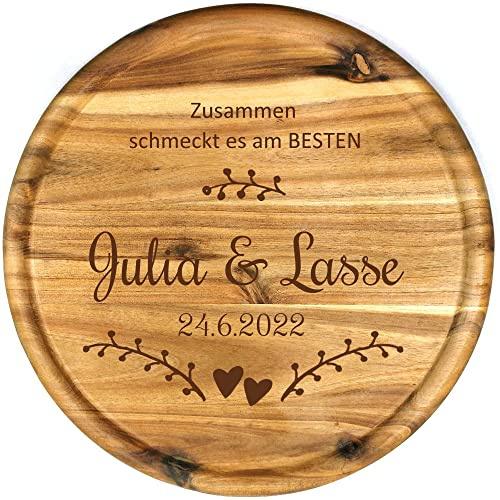 Sterngraf Pizzateller mit Gravur (Namen, Datum) personalisiertes Holz Pizzabrett 32cm Akazienholz - Geschenkidee zum Geburtstag Hochzeitsgeschenk Jahrestag Jubiläum, MotivP2 Zusammen schmeckt es