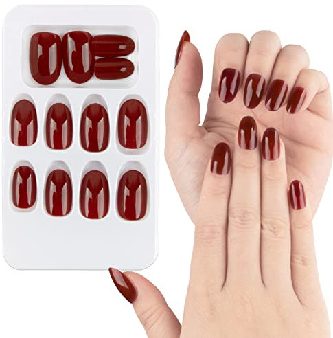 24 Stück Künstliche Nägel zum Aufkleben Kurz Rot Falsche Nägel Fingelnägel DIY Nagelkunst für Frauen Damen mit Kleberpads für Hochzeit Weihnachten Neujahr