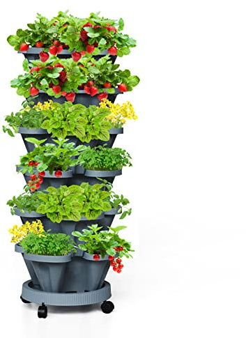Tectsia Macetas apilables de Fresas, Torre Vertical para jardín, macetas apilables de 6 Niveles con Ruedas móviles y platillo Inferior para Interiores y Exteriores, Color Gris Oscuro