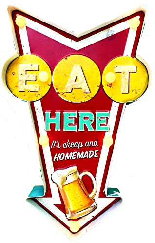 DiiliHiiri Cartel Luminoso Comer Aquí para Restaurante—Original Cartel Retro De American Retro Sign para Bar Pub Cafeteria y Comedor. Decoración Letrero Vintage de los Años 50. 44x27x5cm (9093)
