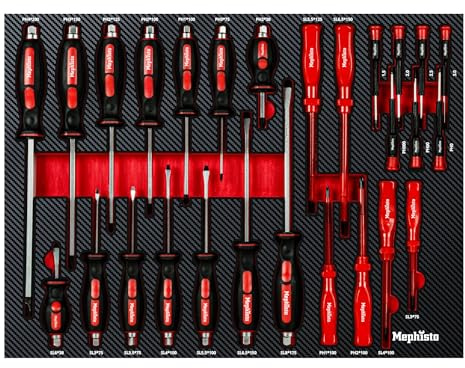 Mephisto Juego de herramientas Pro Line para carro de taller, juego de destornilladores, Phillips, ranurados, de precisión, destornilladores eléctricos, incluye inserto suave en aspecto de carbono