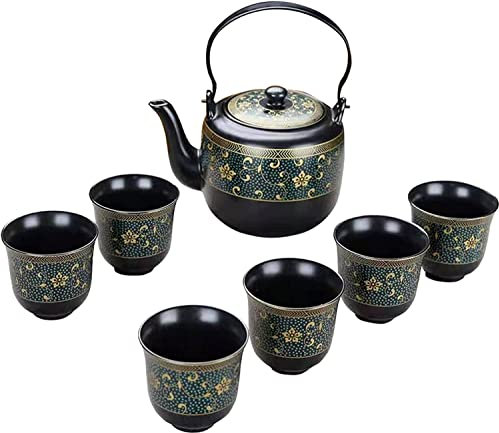 Tetera, Tetera de cerámica, Juego de té de Porcelana Japonesa China, Tetera de Kungfu Hecha a Mano con 6 Tazas, Tetera Negra Grande con patrón de Flores Doradas