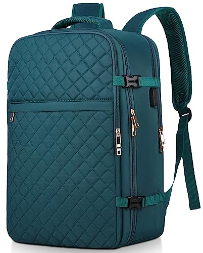 MOMUVO Stor reseryggsäck för kvinnor, flyggodkänd handbagage, vattentålig stöldsäker vardagsväska skolväska passar 17 tums bärbar dator med USB-laddningsport, påfågelblå