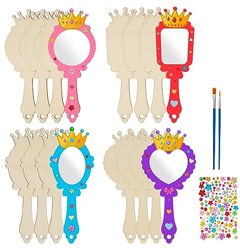 Matogle 12 Sets DIY Holzspiegel Handwerk Holz Prinzessin Spiegel Basteln Kinder Handspiegel Prinzessin Kosmetikspiegel Kompakter für Kinderbasteleien, Kindergeburtstage und Weihnachtsgeschenke
