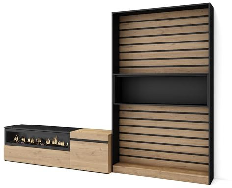 Skraut Home | Wohnwand Wohnzimmer | Wohnzimmermöbel, Möbelset | 260x186x35cm | Für TV-Geräte bis zu 65 | Elektrokamin. Maße | Moderner Stil | Eiche Schwarz