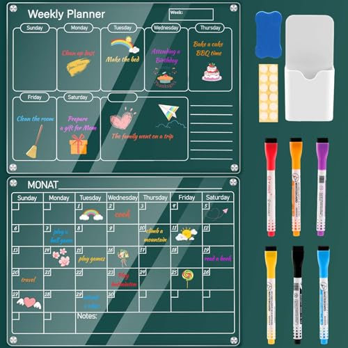 Litimkat 2 Stück Acryl Kalender Magnetisch Wochenplaner und Monatsplaner,Wochenplaner Kühlschrank Magnetisch, Wöchentliche Magnetische Acryl Monatsplaner Abwischbar, Planungstafeln, Memoboard