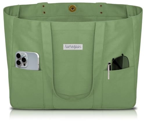 HOMESPON Canvas Tote Bag Damen Handtasche Groß Shopper Taschen Umhängetasche mit Laptop Fach (Grün)