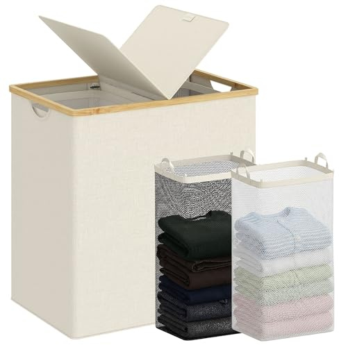 efluky Laundry Hamper with Lid, Double Laundry Basket with 2 Removable Bags, 2 Section Laundry Bin with Bamboo Handles for Bathroom, Bedroom & Laundry Room, 140L (36.9 Gallon) Beige