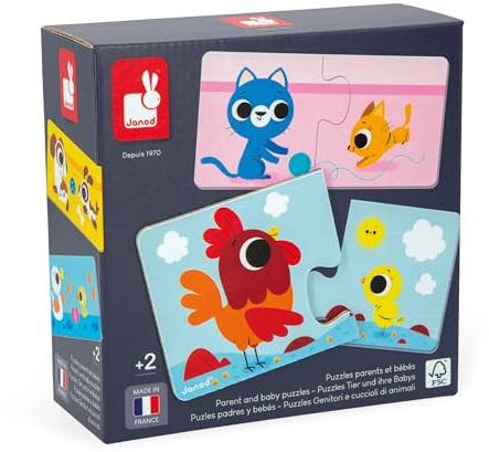 Janod - Eltern & Babytierpuzzle - 12 Puzzles mit 2 Teilen - Bildungsspiel - Feinmotorik & Konzentration - FSC-zertifiziertes Produkt & pflanzliche Tinten 2 Jahre - J02637