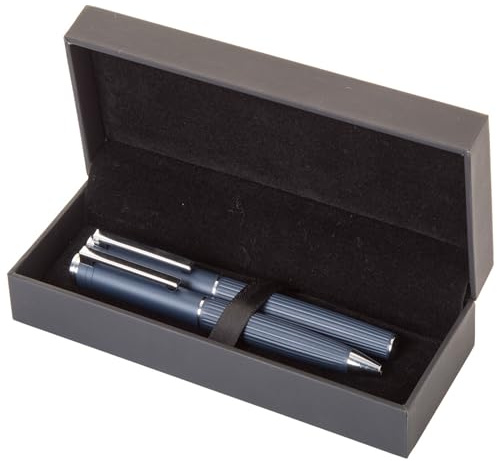 noTrash2003 Elegantes Schreibset aus Kugelschreiber und Tintenroller mit Aluminiumschaft in Streifenstruktur schwarze Geschenkbox, mit blauer Mine Büroartikel Geschenkidee (Blau)