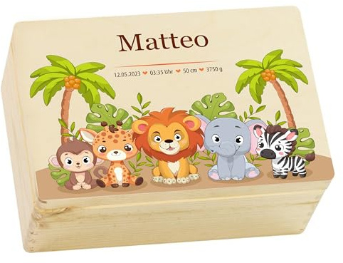 LAUBLUST Erinnerungsbox Baby Personalisiert - Geschenk zur Geburt mit Name | Größen S, M, L - Kinder Erinnerungskiste aus Holz für Mädchen & Jungen | Holzkiste - FSC® (Safari Motiv)