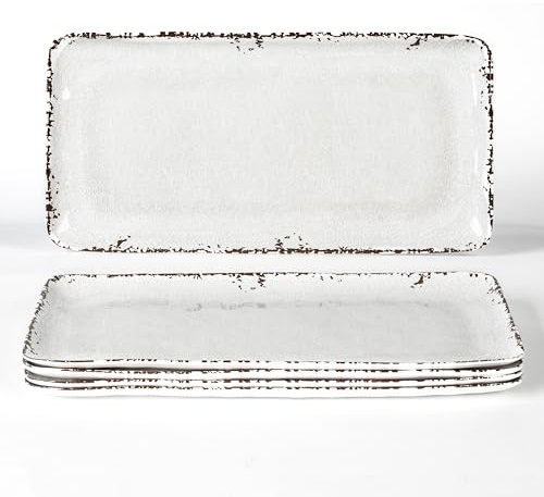 ZAROCRUS 4-Pack 14 x 7 White Serving platter Set, Reusable Farmhouse Melamine Serving Platters for Cookie, Appetizer, Charcuterie, Snack, Party Food Display - Stackable Kitchen CounterTop Tray.