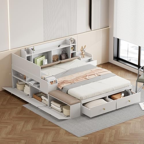 Azkoeesy Funktionsbett Doppelbett Bettanlage 140 x 200 cm mit Nachtkommoden und Stauraum-Langschrank - Stauraumbett Tatamibett Kombi-Bett Schlafzimmer Komplett-Set, weiß