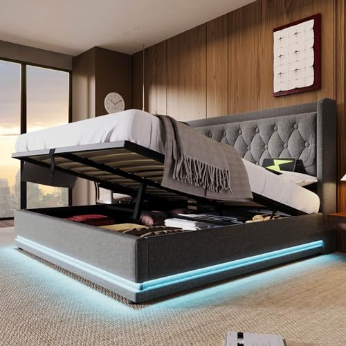 Merax Polsterbett 140x200cm, Doppelbett mit Stauraum und Lattenrost, LED Kopfteil mit USB C Ladefunktion, Hydraulisches Stauraumbett, Modern Funktionsbetten Bettgestell, Grau Baumwolle, Ohne Matratze