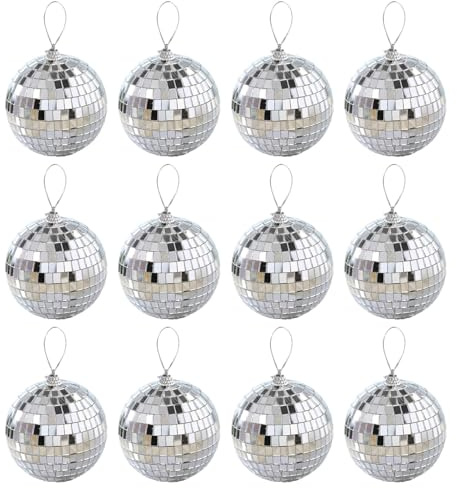 12 Stück Disco Spiegel Ball - Discokugel Silber Hängend - Deko - Disco Ball Deko | Für Weihnachtsbaum Hochzeit Geburtstagsfeier Dekoration Lichteffekt