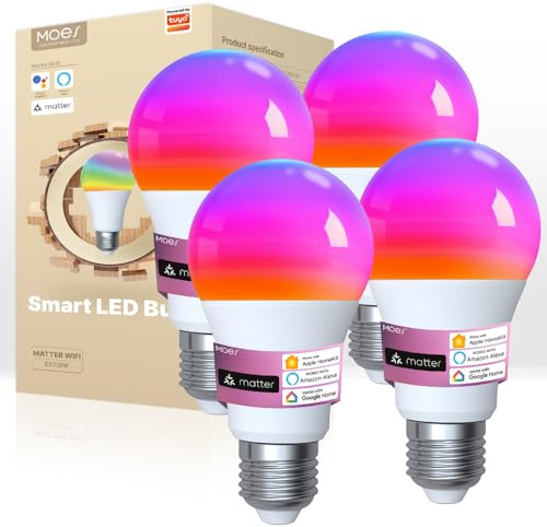 MOES Smart Glühbirne Matter E27, WLAN Alexa LED Lampe RGBCW, WW, mit Dimmbar, Musiksynchronisation, 16 Millionen Farben, kompatibel mit Apple HomeKit, SmartThings, Alexa, Google Home,4 Stück
