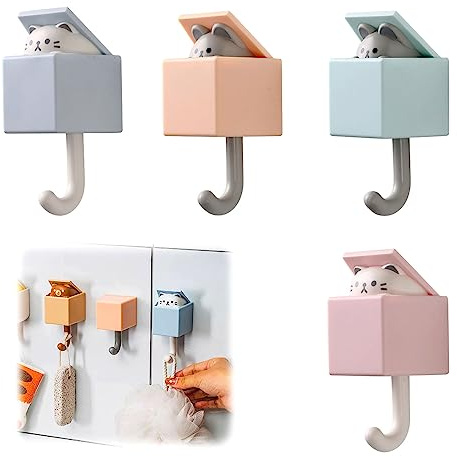 XIAQICA 4 Stück Wandhaken für Tiere Klebehaken Niedliche Kreative Haken für Mantel Cat Hook Einziehbare Klebehaken Tier für Kleiderhaken Kinder Wanddekoration Ohne Bohren