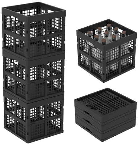 Taysisiter 18 L Stackable Plastic Milk Crate, Black Plastic Collapsible Crates, 3 Pack