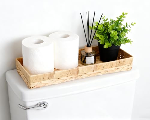 PENGARO Bathroom Tray, 16 Rectangle Bathroom Tray Over Toilet Tank Water Hyacinth Wicker Toilet Roll Holder Basket for Counter Long Narrow Tray Hand Towel Storage Basket for Home, Rattan