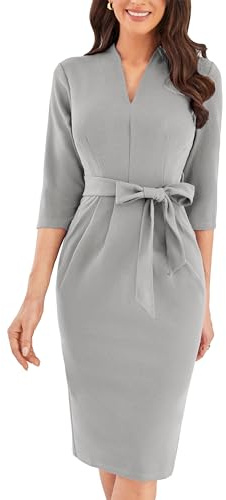 GRACE KARIN Damen Bleistiftkleid Büro Cocktailkleid Abendkleid mit V-Ausschnitt und Rückenschlitz Grau L