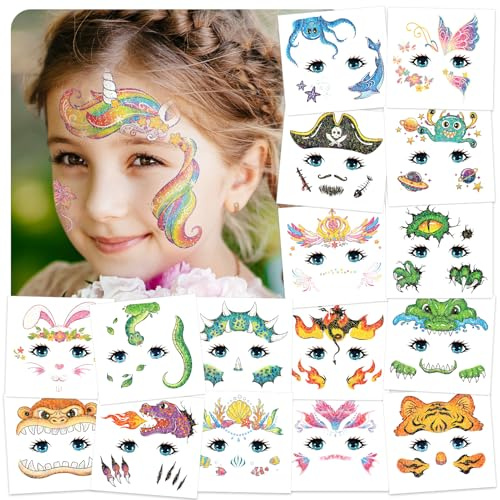 Gesichtstattoo Karneval für Kinder, Glitzer Fasching Schminke Tattoo Kinder | 24 Bögen, Schmetterling Einhorn Kindertattoos, Gesicht Sticker, Geschenke für Kindergeburtstag Geburtstagsdeko