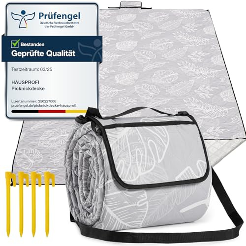 HAUSPROFI Picknickdecke 200x300 cm, wasserdicht & isoliert - XXL Outdoor Decke für Picknick, Strand, Camping, mit Baumwolle gepolstert, inkl. Tragegriff & Heringe, Tragbar, Waschbar & formstabil