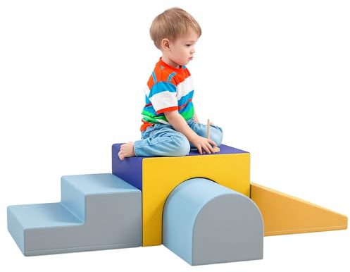 HOMCOM 4 TLG. Schaumstoff Bausteine Bausteinset für Baby&Kleinkinder Blau | Softbausteine,Klettern,Bauklötze,Weiche Schaumstoffbausteine,Riesenbausteine,Bauspielzeug,Grossbausteine