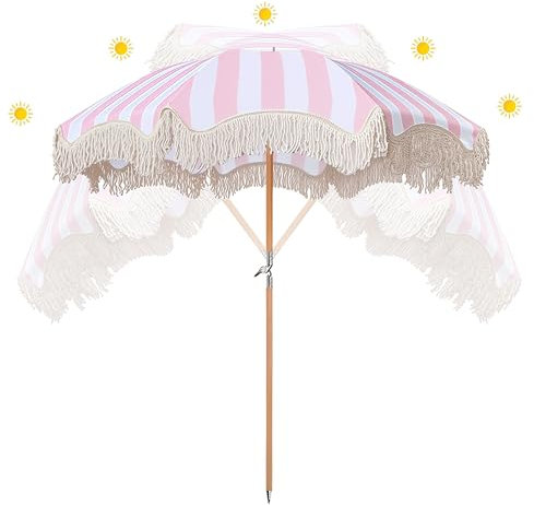 200cm Parasol de Plage Portable à Franges, Parasol de Jardin Extérieur, Protection UV, Parasol de Table Boho pour Patio Pique-nique Piscine Pelouse(Blanc)