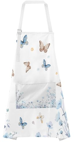 ECZOIL Wasserdicht Blume Kochschürze Damen Schürze Verstellbar mit 2 Taschen für Küche Garten und Mütter Ehefrauen Freundinnen Geschenk-Schmetterling