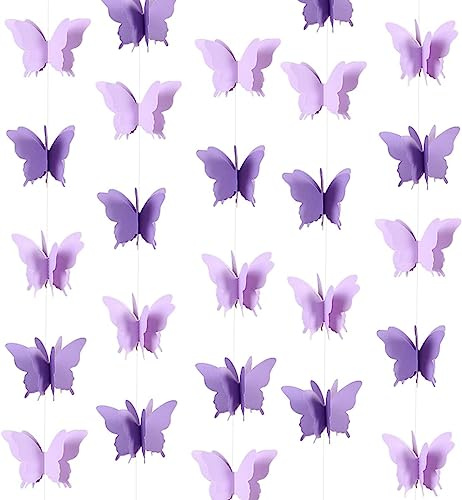 2 Pieces 26 ft Butterfly Dots Garlands Glitter Paper Garland Hanging Streamer Backdrop Decor Butterflies Streamer for Birthday Party Decorations Wedding Birthday Supplies Purple