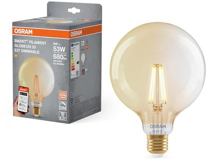 OSRAM Lampada LED SMART+, G53, 6W, 2400K, E27, a forma di globo, filamento, oro, dimmerabile, controllabile tramite app o voce, compatibile con Matter