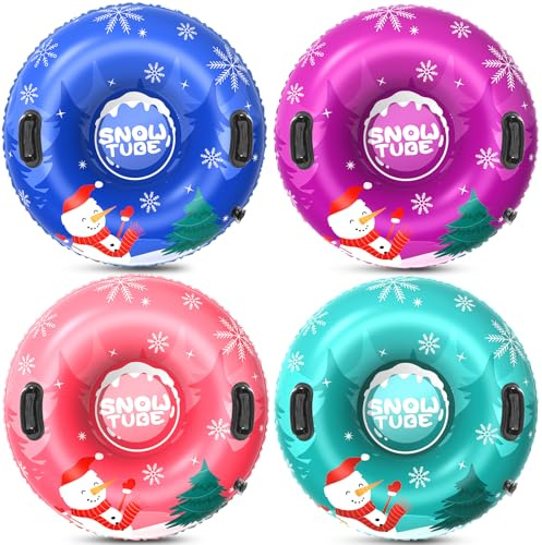 Menmek Snow Tube, Set of 4 Snowman Snow Tubes for Kids & Adults, Durable Cold-Resistant Inflatable Snow Sled, Sledding Heavy-Duty with Hard Bottom & Handles, Perfect Family Snow Toys Xmas Winter Gifts