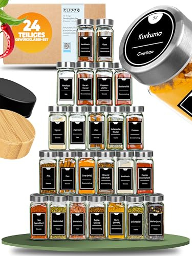CLIDOR Gewürzgläser eckig [24 x 125ml], Luftdichte Gewürzgläser mit Streueinsatz + 248 wasserfeste Gewürzetiketten, Gewürz Organizer & Gewürzdosen, Gewürzstreuer zum Nachfüllen, Deckel aus Edelstahl