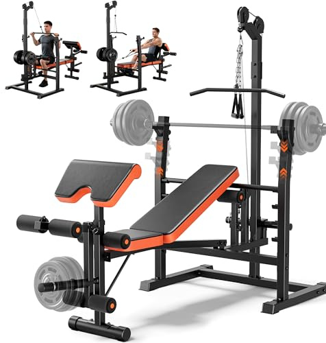 9-in-1 Adjustable Olympic Weight Bench with Lat Pulldown, Row, Squat Rack & Leg Curl – Multi-Function Strength Training Bench Press for Home Gym Full Body Workout (9 in1 Olympic Weight Bench)