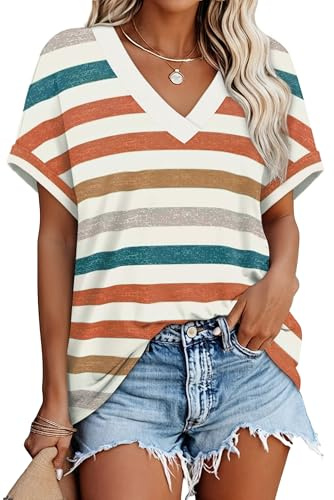 WIHOLL Plus Size Spring Clothes for Women Casual Short Sleeve Shirts Maternity Tops V Neck Beach Vacation Tunic Orange Stripes 4XL