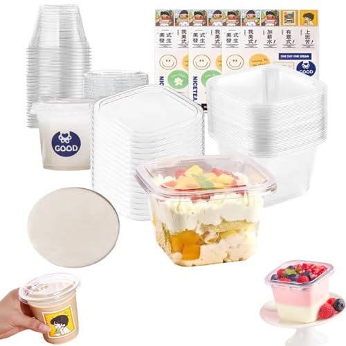 Wrbugukeji Dessert Cups with Lids, 40 Pcs Clear Parfait Appetizer Cup | Cheesecake Pots Clear Plastic Parfait Cups Reusable Dessert Cups for Dessert Pudding Fruit Mousse Ice Cream(Square and Round)