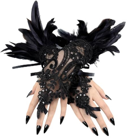 Esshogo 1 Paar Spitzenhandschuhe Federn, Schwarz Handschuhe Vintage, Damen Vintage Spitzenhandschuhe mit Feder, Lange Schwarze Gothic-Netzhandschuhe Fingerlose Federschmuck, Feder Spitze Fingerlose