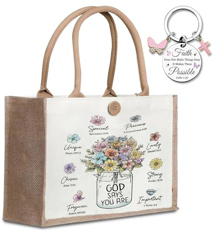 Bibelverse Jutetasche für Frauen, Mit Schlüsselanhänger, Bibel Christliche Bedruckt Stofftasche, Wiederverwendbar Einkaufstasche, Christliche Geschenke für Frauen, Familie, Freunde Bibelgeschenk