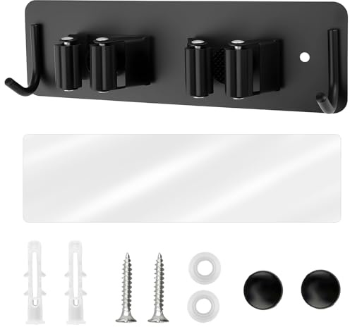 Gripiti Broom Holder Wall Mounted, Stainless Steel 2 Racks Mop Holder with 2 Slots 2 Hooks Self Adhesive and Nails Installation Brush Mop and Broom Storage for Bathroom Kitchen Office Garage (Silver)