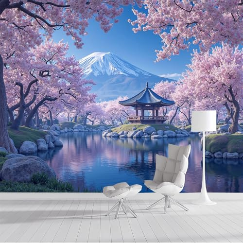 Ciliegio In Fiore Sulle Montagne Innevate Carta Da Parati Murale, Carta Da Parati Panoramica in Seta 3D Stile Giapponese, Rosa Poster Murale per Soggiorno Camera Da Letto Sala Da Pranzo 200x140cm