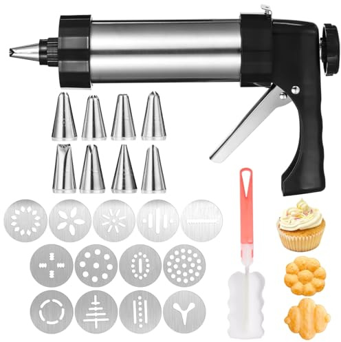 Packool Stainless Steel Cookie Press Kit, Metal Maker with 13 Discs, 8 Piping Tips, and Cleaning Brush, Press Machine for Baking and Decorating Cookies, Cakes, Desserts
