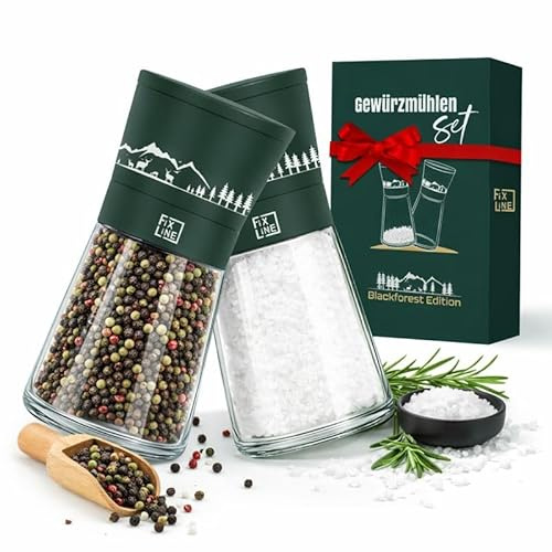 FIXLINE Set macinaspezie Black Forest Edition – macina in ceramica di alta qualità – per sale e pepe – acciaio inox/vetro – macinino pepe e sale – Set regalo