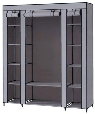 Baroni Home Armadio in Tessuto Richiudibile, Mobile Pieghevole Salvaspazio con Struttura in Ferro per Camera da Letto, Cabina Armadio, Grigio 12 Scomparti