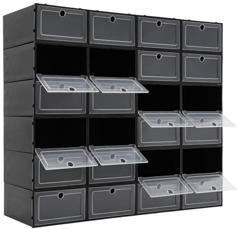 QTREIDG Schuhboxen Stapelbar 24er Set, Schuhorganizer Aus Kunststoff mit Tür, Stapelbar und Faltbar, für Schuhe Bis Größe 44, Transparent Schwarz, 33 × 23 × 14 cm