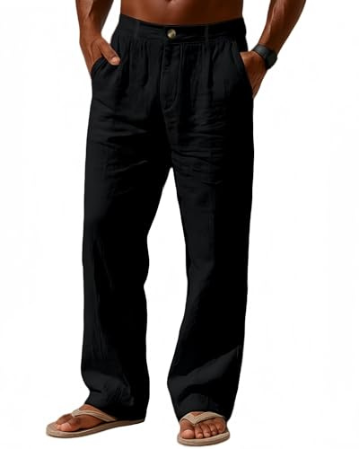 Casuayaloo Men's Linen Trousers Lightweight Summer Beach Pants Loose Fit Elastic Waist Zipper Trouser