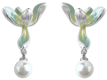 Orecchini a perno da donna a forma di orchidea dipinta con smalto sfumato, con decorazione in perle di vetro, ago in rame placcato argento anallergico, gioielli eleganti e delicati