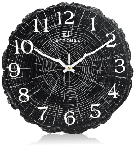 Lafocuse 12 Inch Black Wooden Rustic Wall Clock for Living Room Kitchen | Annual Ring Tree Stump Design, Silent Non Ticking, Battery Operated, Durable Thickened MDF Dial, Vintage Farmhouse Style