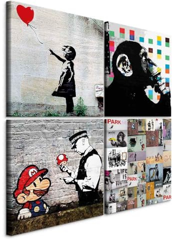murando - Leinwandbild Set Banksy, 80x80 cm, 4-teilig, Schlafzimmer, modern | Hochwertige Leinwand, sofort aufhängbar, ideal fürs Wohn- oder Schlafzimmer, wasserfest und lichtecht, langlebig, stilvoll