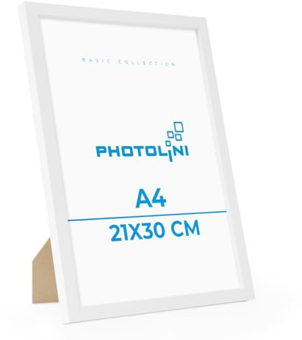 PHOTOLINI Bilderrahmen A4 Weiss Holz MDF, DIN A4 Bilderrahmen 21x30 weiß, Rahmen 21x30 mit Acrylglas, picture frame zum Aufhängen & Aufstellen, Rahmen 30x21 für Fotos & Poster