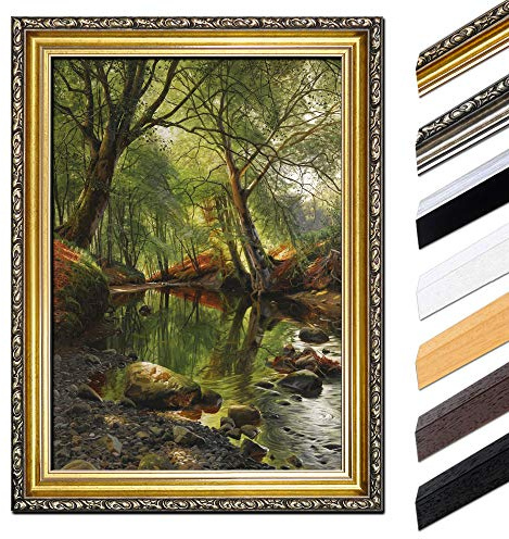 Bilderdepot24 Bild mit Rahmen - Peder Mork Mönsted Ein Waldbach 60x80 cm - Gerahmtes Leinwandbild Alte Meister - Antiker Rahmen Gold Barock, Klassisch
